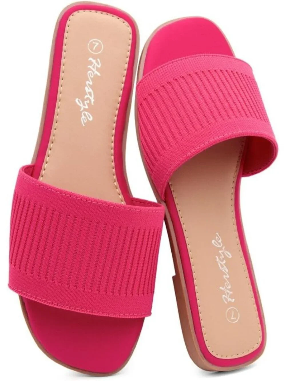 Women's Fuchsiakn Knit Slides Flats Square Open Toe Slip On Dressy Summer Shoes